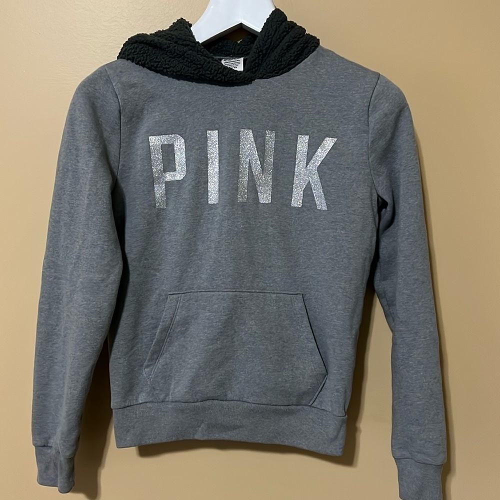 PINK VICTORIAS SECRET gray hoodie. Size XS. Cozy fleece hood.